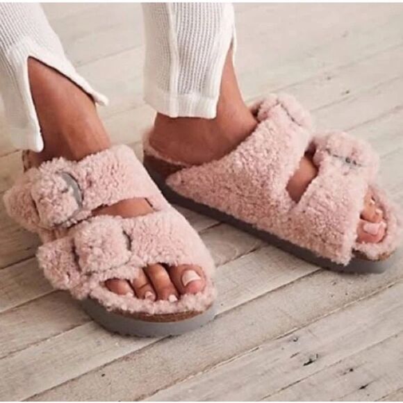 Birkenstock Shoes - BIRKENSTOCK PAPILLIO Arizona big buckle teddy shearling pink slippers sandals